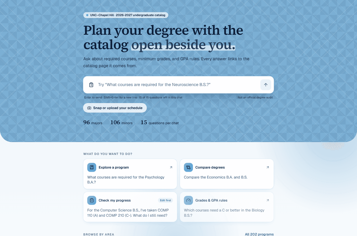 CourseCompass AI homepage with its UNC catalog introduction, empty question field, and program exploration options.