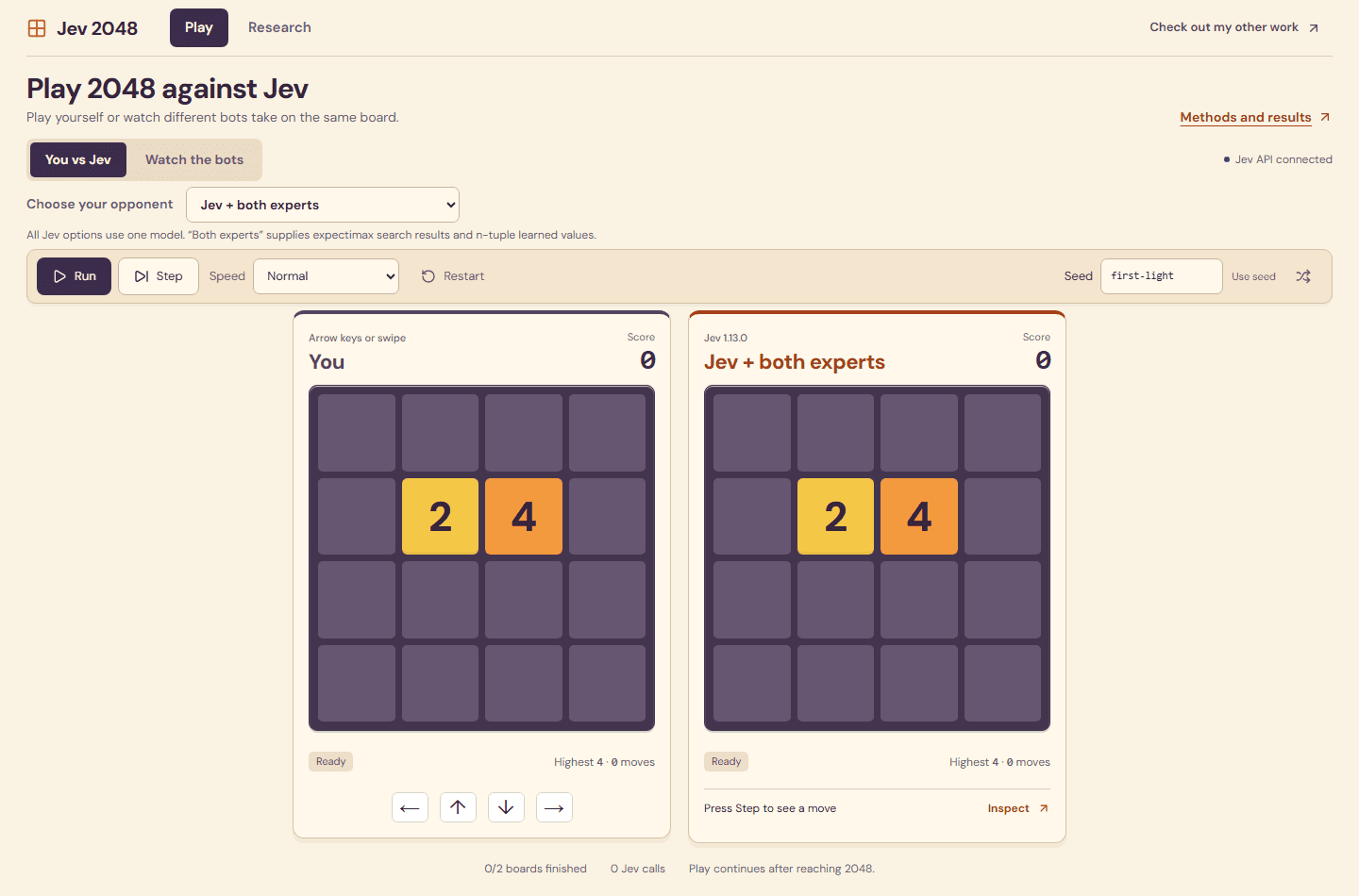 Jev 2048 live app with colorful boards, bot selection, seeded gameplay controls, and decision inspection.