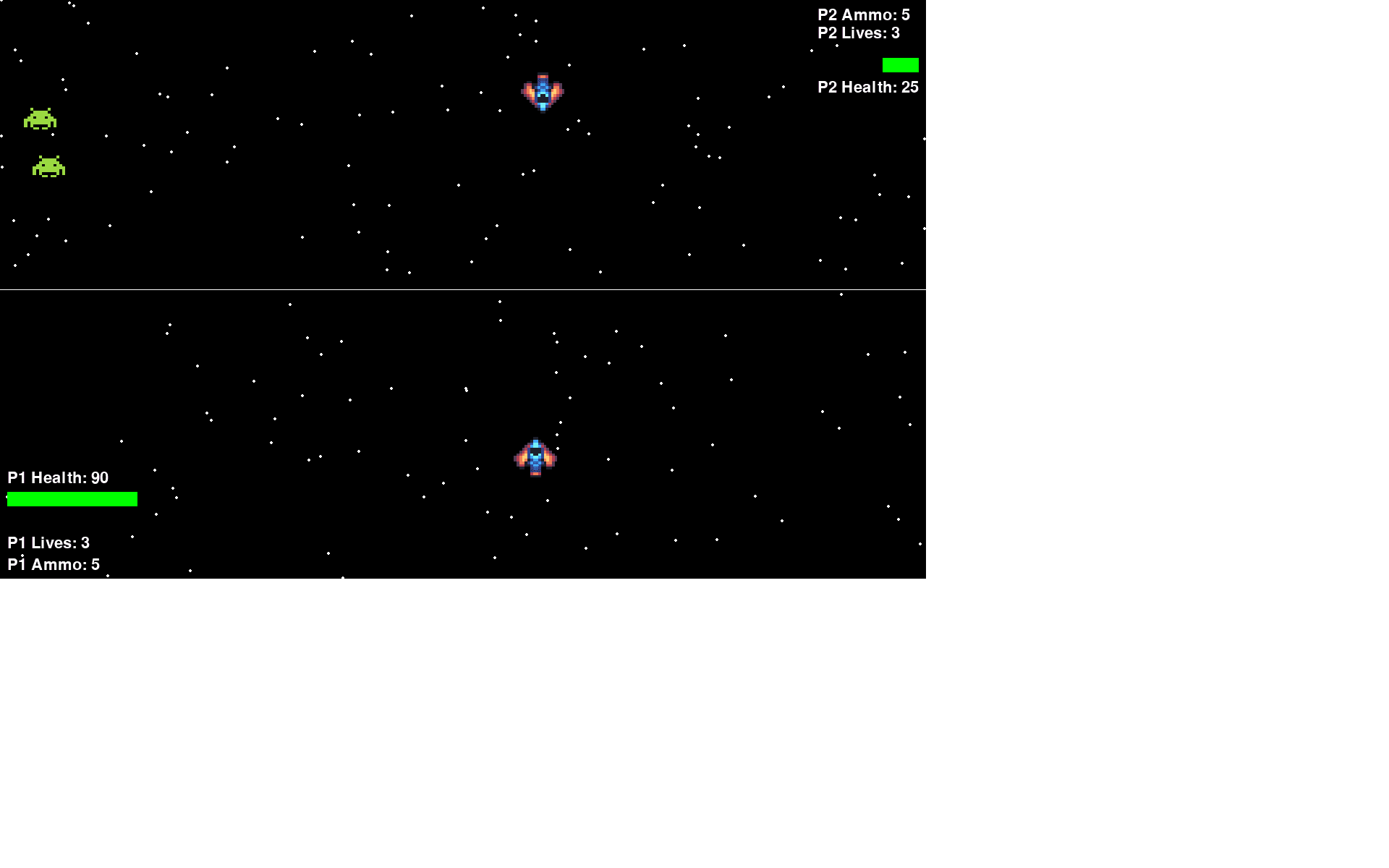 Space Battle gameplay with two player ships, alien enemies, and health, lives, and ammunition indicators.