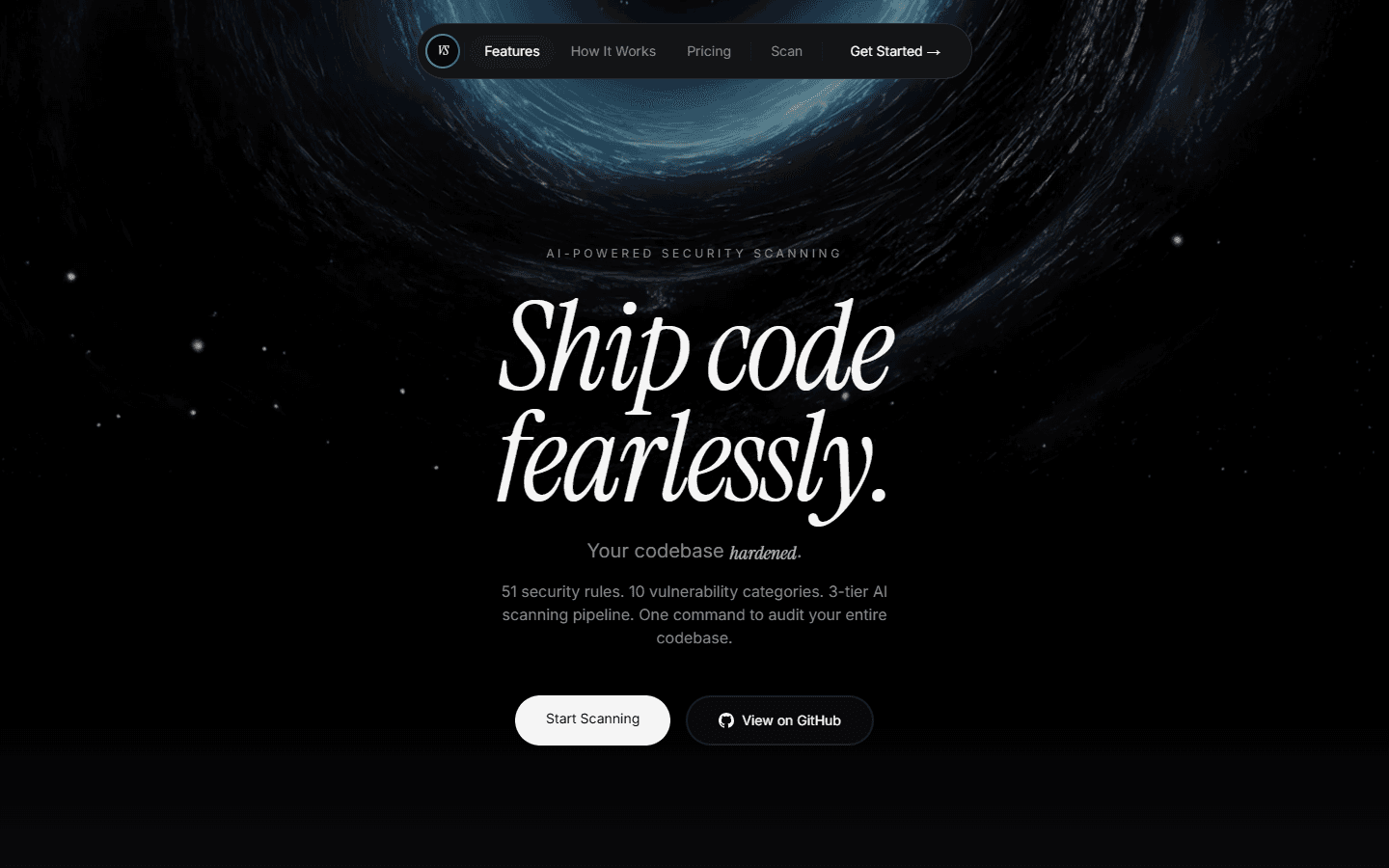 VibeSafe website: Ship code fearlessly, with AI-powered security scanning.